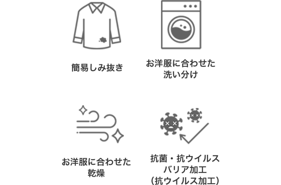 簡易しみ抜き、お洋服に合わせた洗い分け、お洋服に合わせた乾燥、機械仕上げ、防臭加工、抗菌・抗ウイルスバリア加工（抗ウイルス加工）