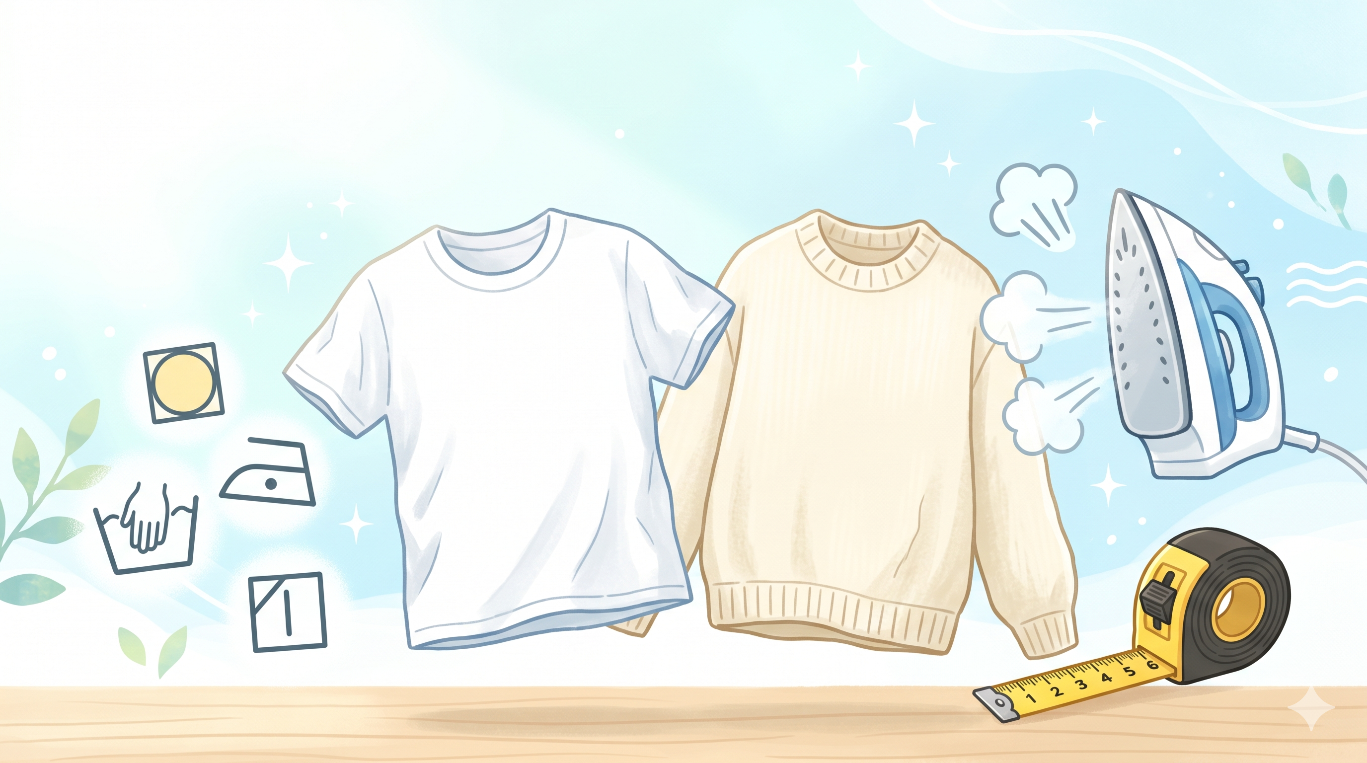縮んだ服をスチームアイロンやメジャーでやさしく整えるイメージ
