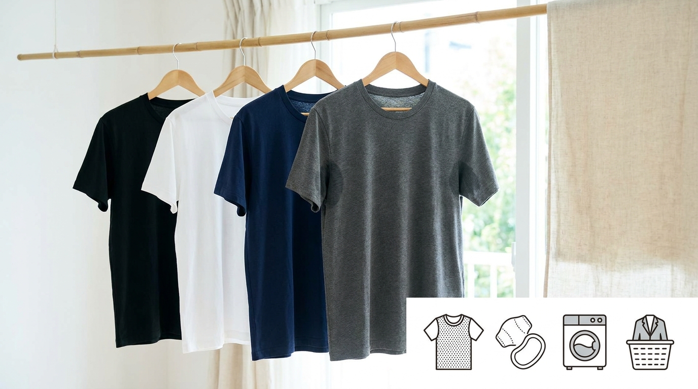 汗染みが目立たない黒・白・ネイビーと、汗染みが目立ちやすいグレーTシャツの比較
