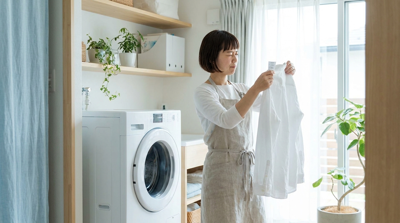 乾燥機の前で洗濯表示を確認する様子