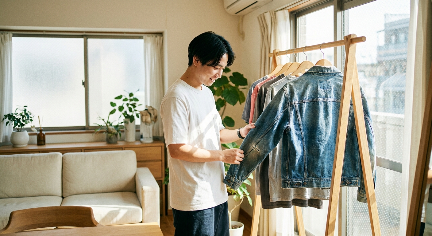 ハンガーにかけた古着のデニムジャケットとTシャツをチェックするライフスタイルシーンのリアルなWrite写真