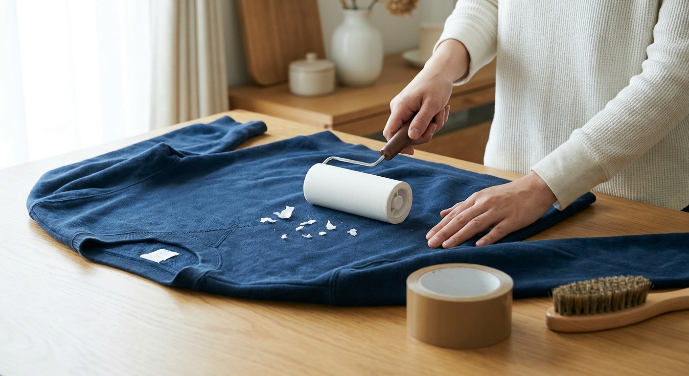 黒い服に付いたティッシュのくずを粘着クリーナーで取り除いている手元