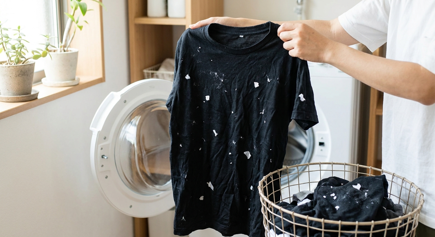 洗濯機から取り出した黒いTシャツに白いティッシュの破片が大量に付着している様子